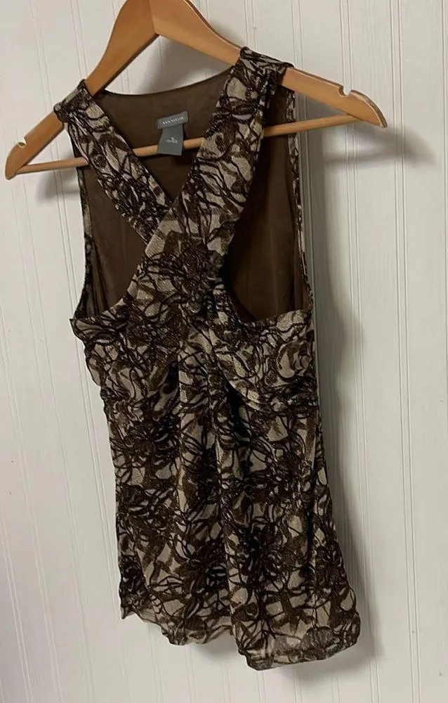 Ann Taylor Brown & metallic Gold Floral V-neck sleeveless blouse - Image 2
