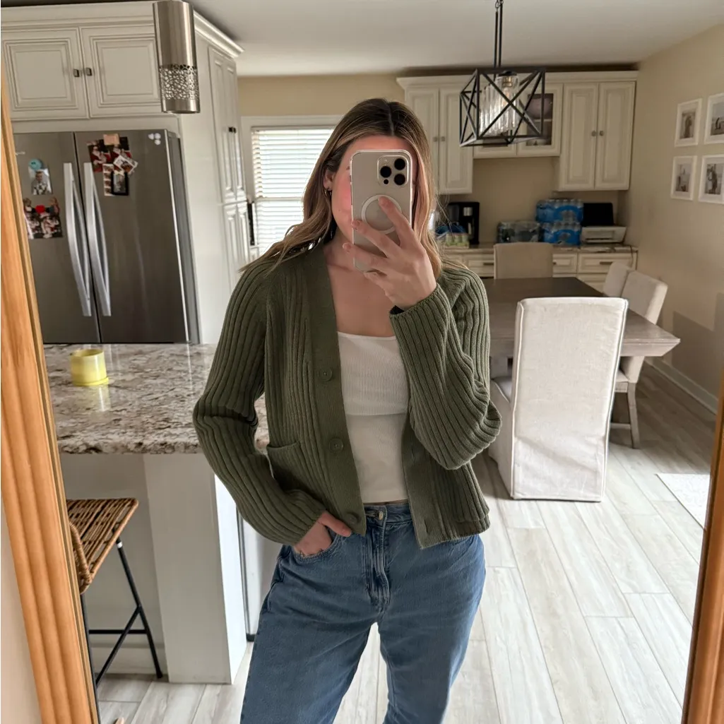 GAP Ribbed Button Front Cardigan Olive Green Cotton Sweater Size Small - Image 7