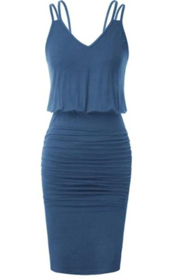 Grace Karin Navy Blue Spaghetti Straps V-Neck Ruched Bodycon Dress Medium NEW - Image 9