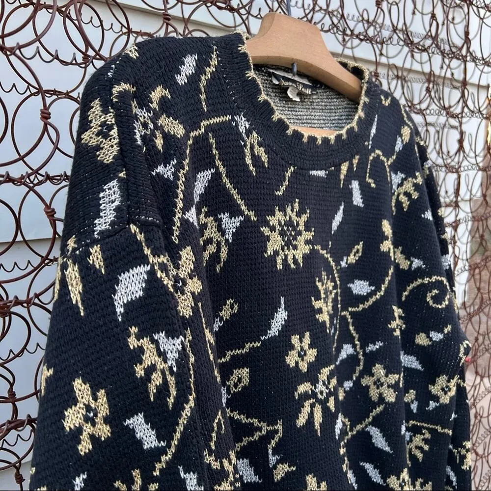 Vintage 90s Dana Scott black gold metallic knit floral vine sweater LARGE - Image 2