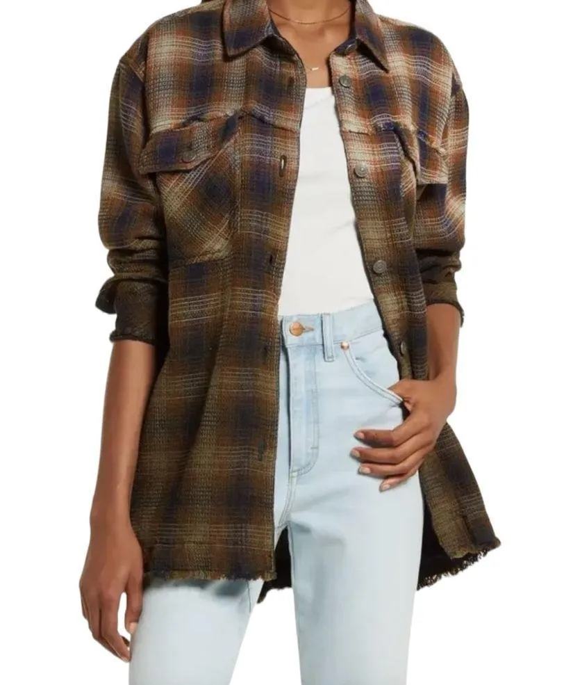 NEW Free People Navy Tobacco Ombre Plaid Anneli Button Down Shacket Top - Image 2