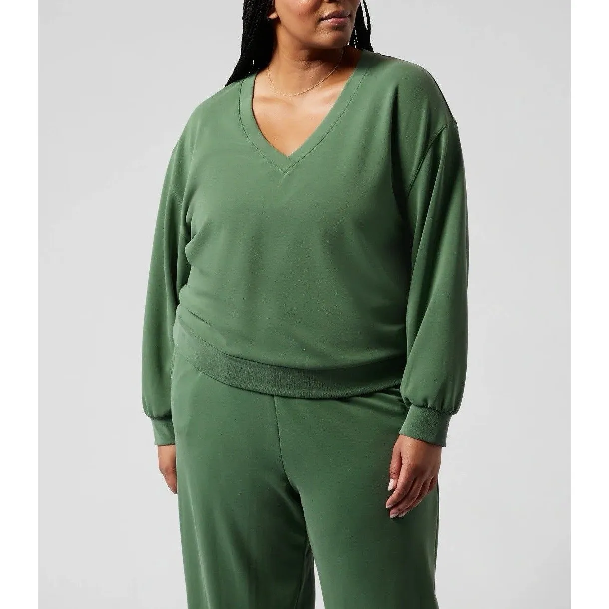 Athleta Willow V Neck Sweatshirt Womens 3X Solid Green Modal Blend Long Sleeve - Image 3