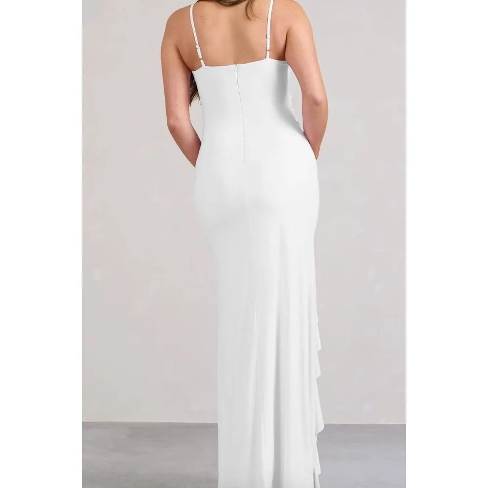 Club L - Maternity Bandeau Ruffle Maxi Dress with Thigh Splits in White - Image 7