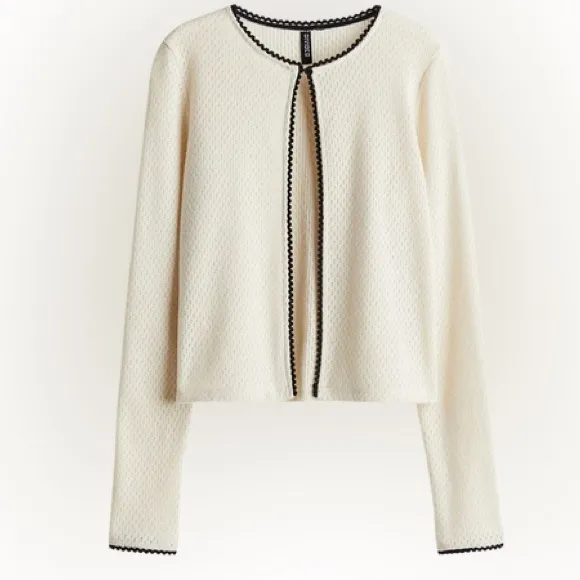 H&M PICOT-TRIMMED POINTELLE-KNIT CARDIGAN XS Cream Blacm - Image 2