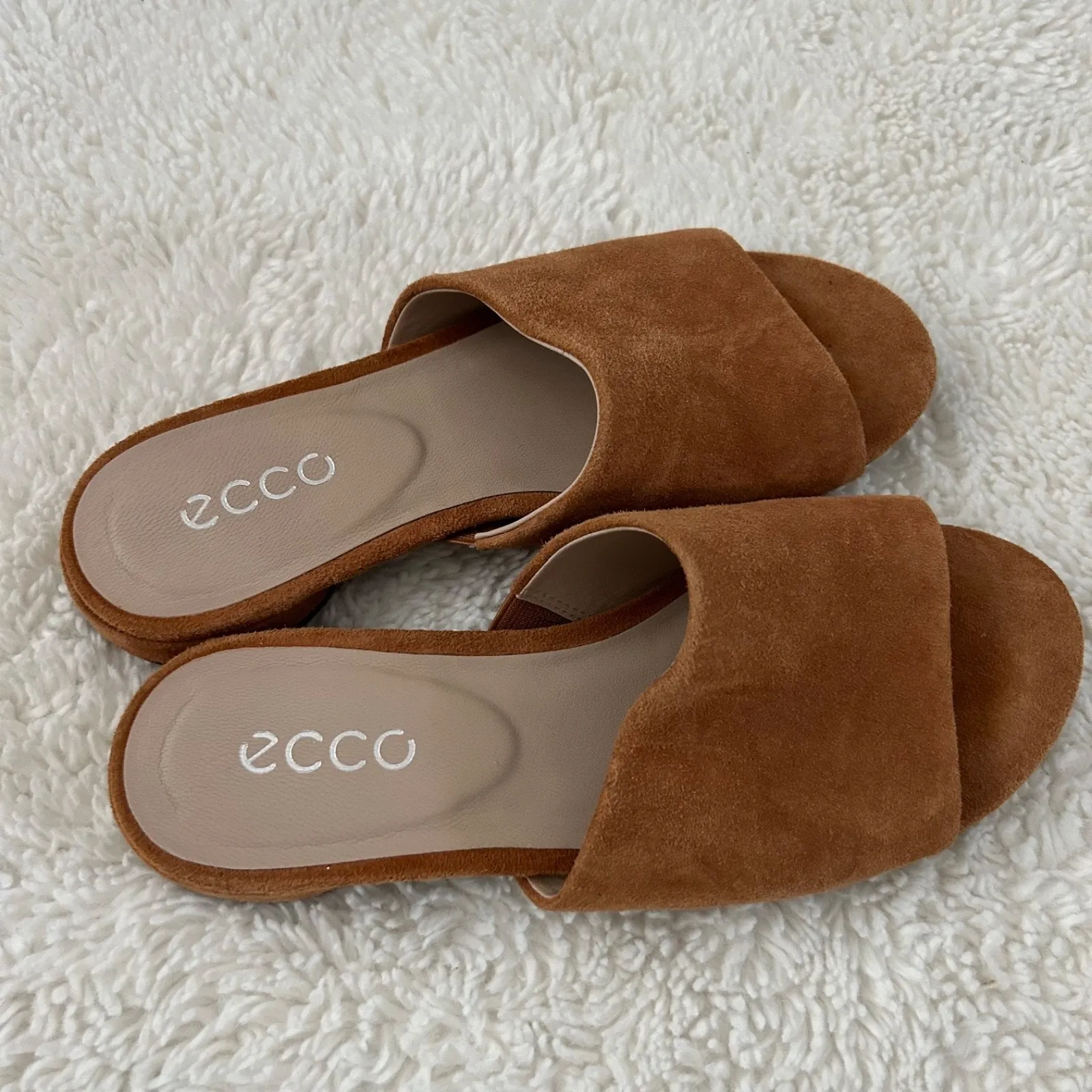 ECCO Camel Suede Flat Open Toe Sz 6-6.5 36 Slides Sandal II Women Leather Shoes - Image 3