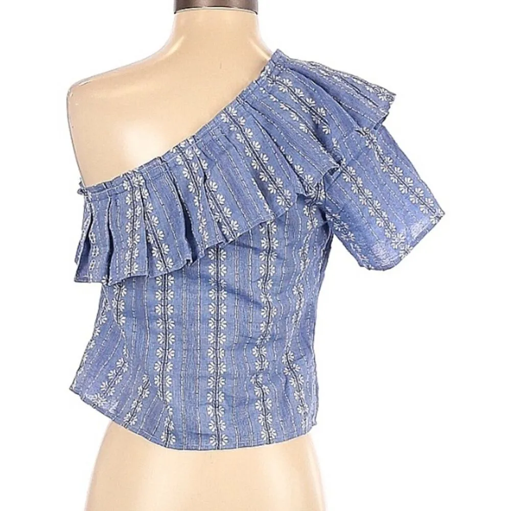 Splendid Blue Chambray Ruffled One Shoulder Crop Top Daisy Print Womens Small - Image 2