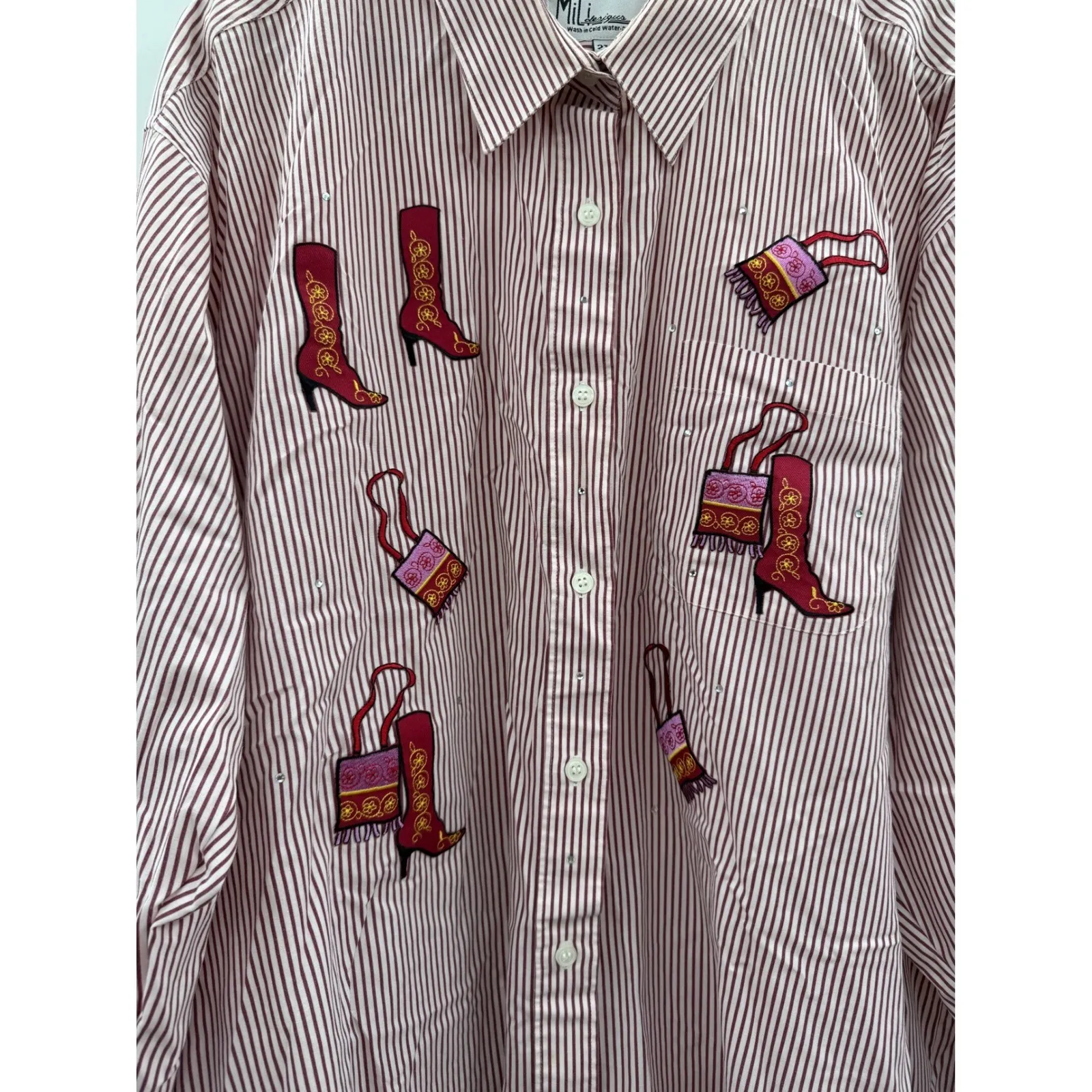 Mili Designs Vintage Western Shirt Size 2X Red Stripe Embroidered Boots - Image 2