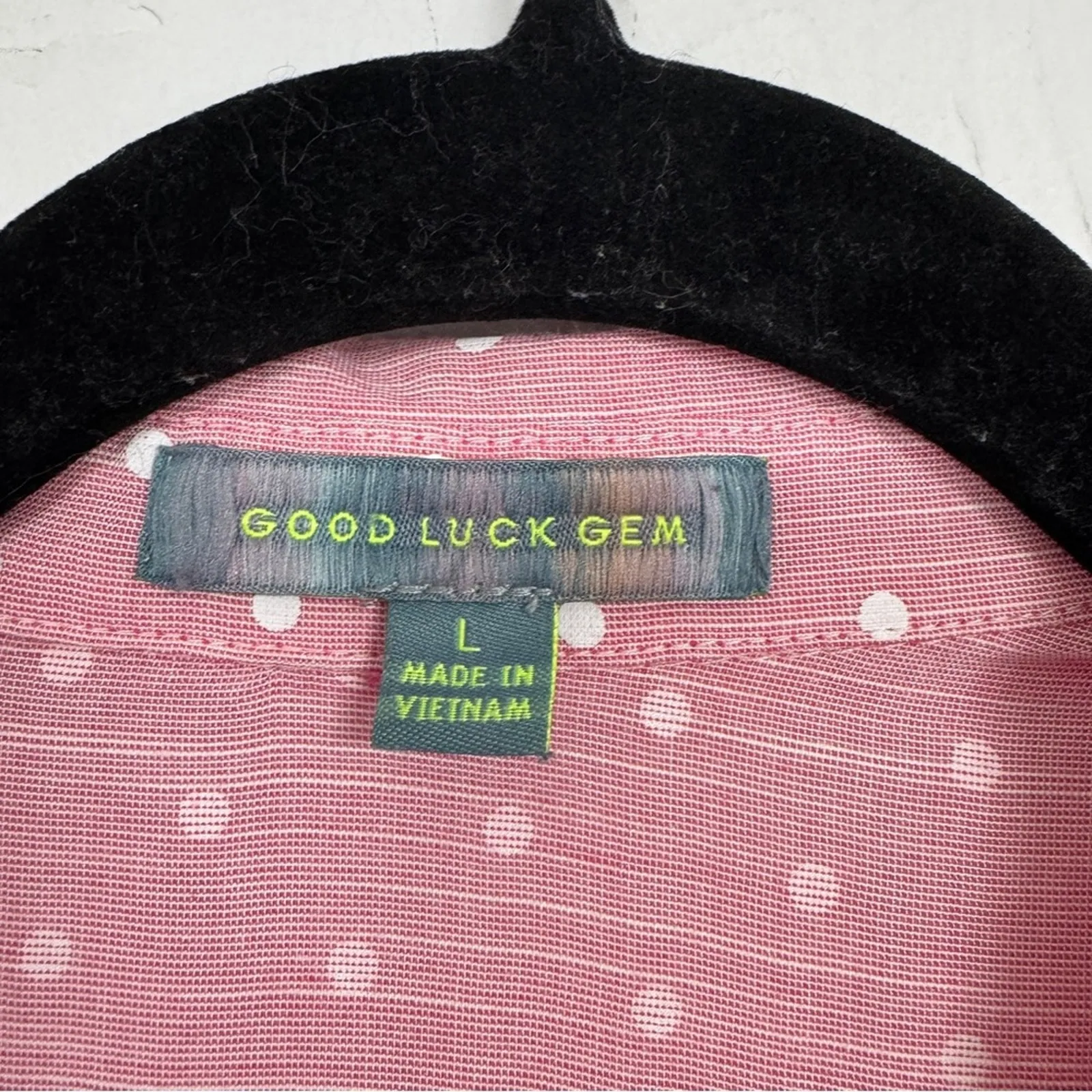 Good Luck Gem Pink Polka Dot Button Down Shirt Womens L Short Sleeve Casual Top - Image 4