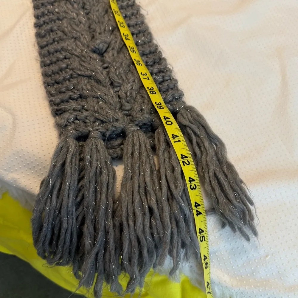 Chunky Cable Knit Long Gray Scarf W/ Fringe Trim Silver Metallic Thread 90” long - Image 6