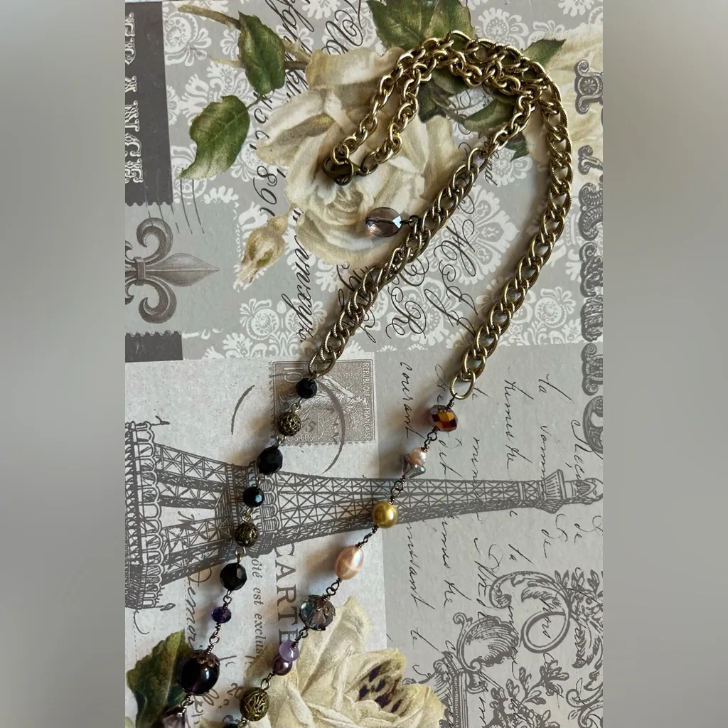 Cameo Vintage Brooch Reourposed with crystals and gemstones  Necklace - Image 2