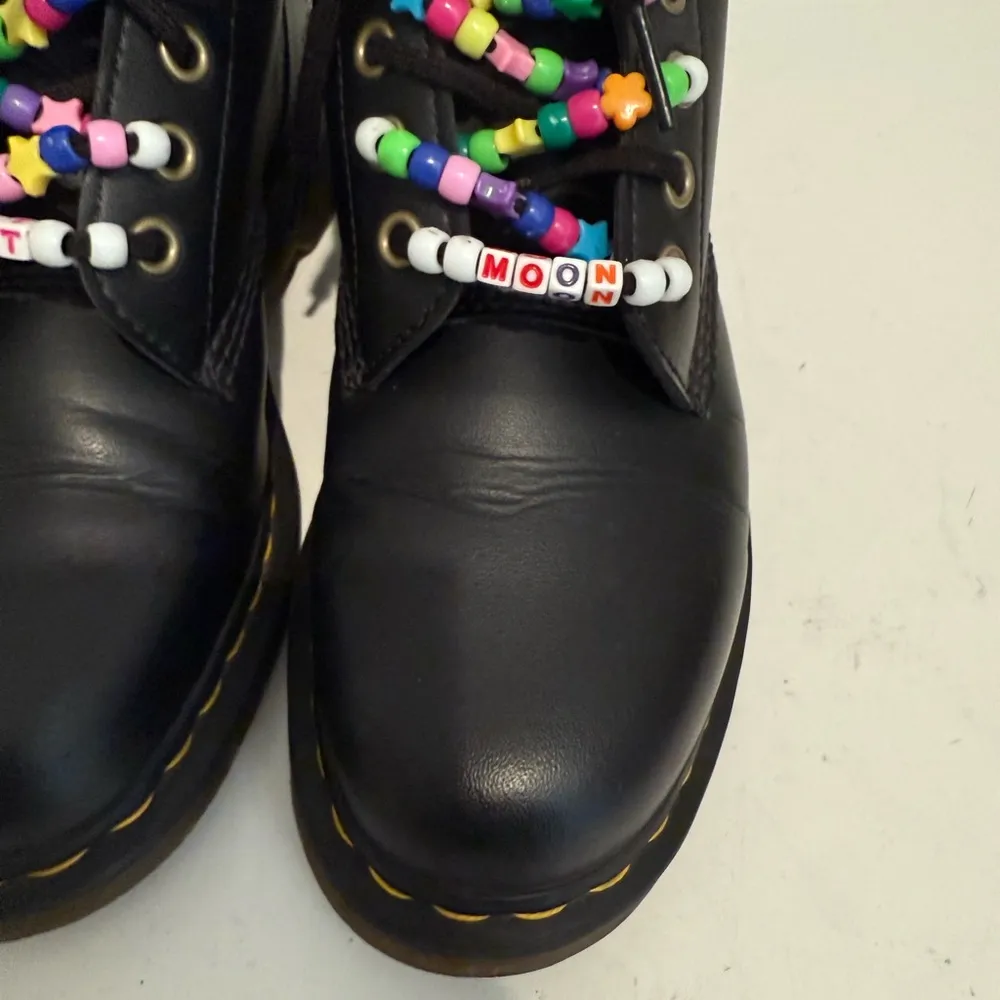 Dr Martens Docs 14045 Black Vegan Leather Combat Boots Rainbow Beaded Laces 8 - Image 4
