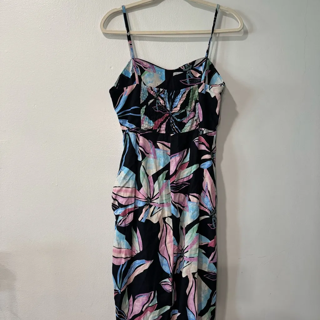 EUC Zara Linen Blend Tropical Print‎ Corset Ruched Midi Dress Size Small - Image 5