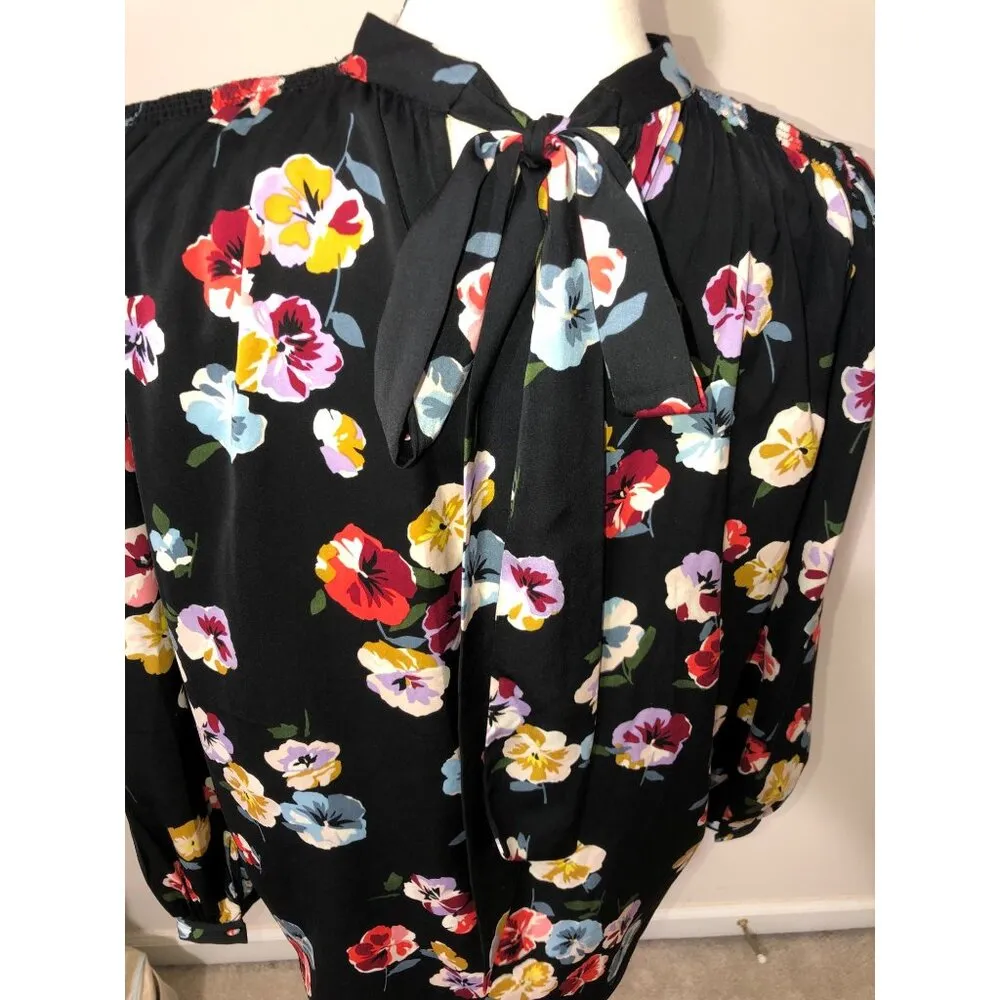 Ann Taylor XS Blooming Pansy Floral Black Blouse Long Sleeves Career Office Work - Image 8