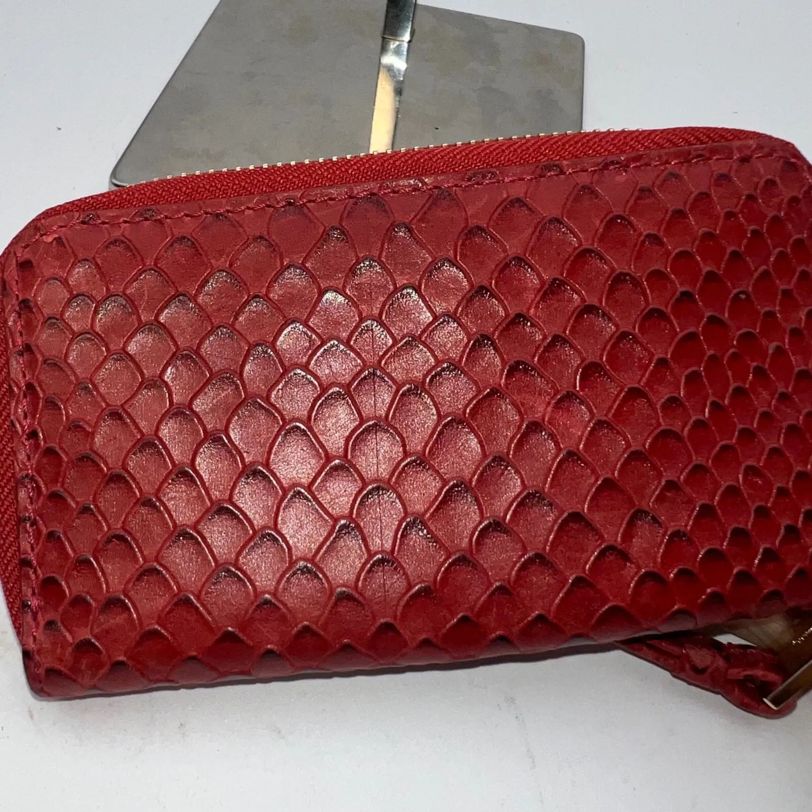 Cole Haan Red Snakeskin Wristlet Wallet Clutch Card Holder Zip Around - Image 4