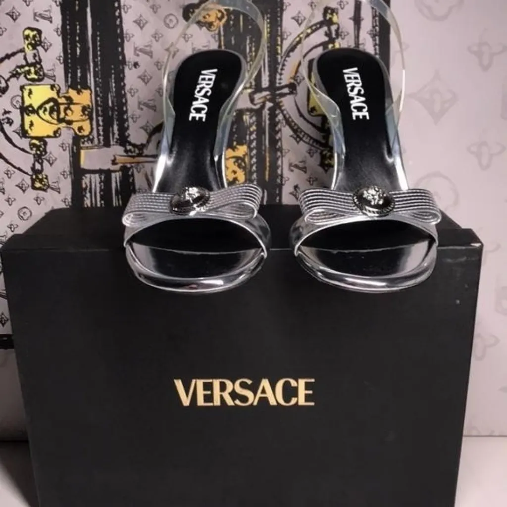 New Authentic Versace Silver Metallic High Heel Sandals – Gianni Ribbon Detail - Image 7