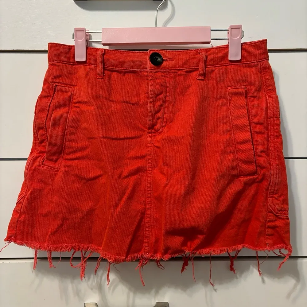 UO Twill Frayed Red Denim Mini Skirt - Image 2