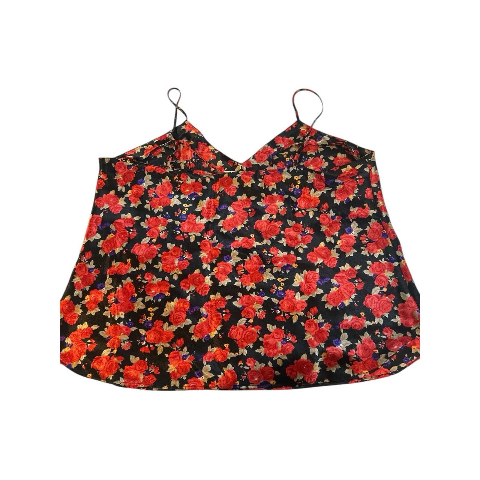 Black Floral Satin Cami Red Rose Print Y2K Romantic Tank S/M Adjustable Straps Size 4 - Image 2