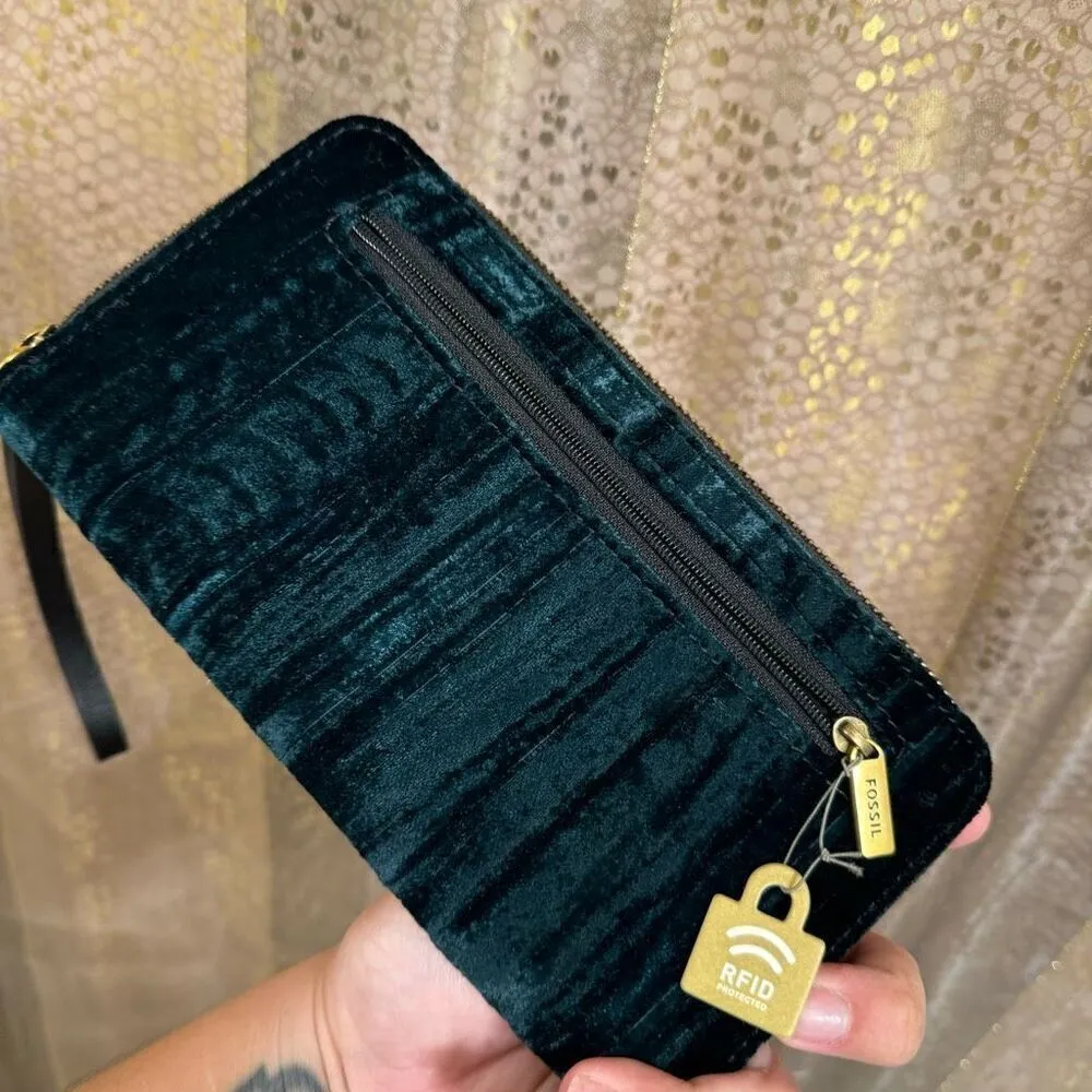 Fossil Sydney Satchel Velvet Patchwork Green Red Pink & Wallet NWT - Image 10