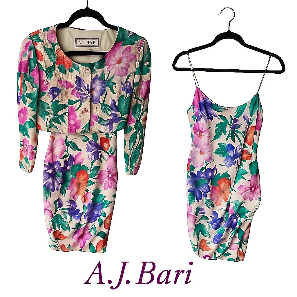 Vintage 80s A.J. Bari Silk Sequin Floral Dress Set‎ Bold Cocktail Party Glam 2 Purple - Image 2