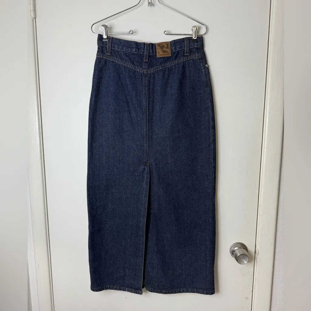 Rockies vintage dark blue denim midi skirt with back slit. XS - Image 4