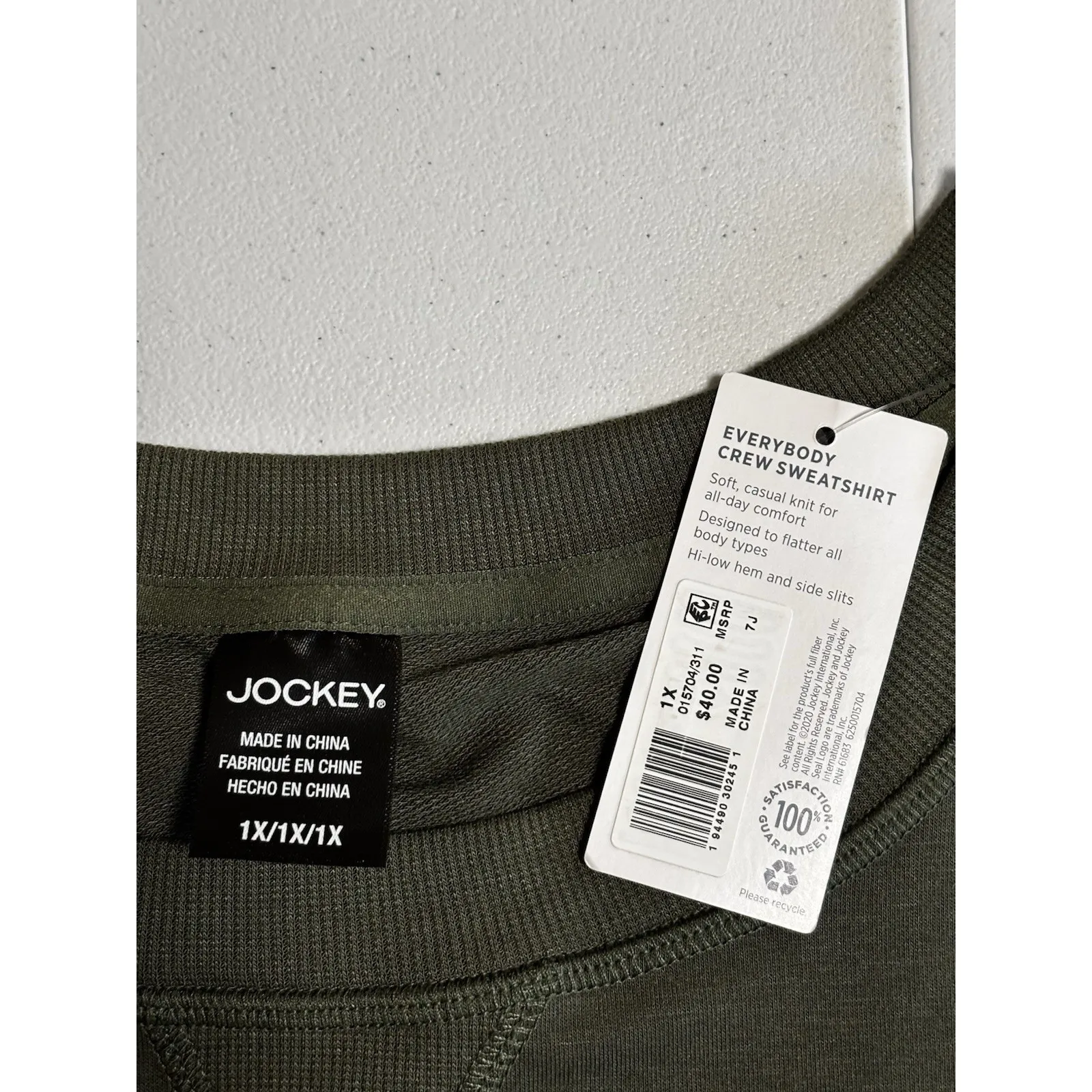 NWT Jockey Everybody Crew Sweatshirt Side Slits Womens 1X Olive Green Soft Cozy Size XL - Image 7