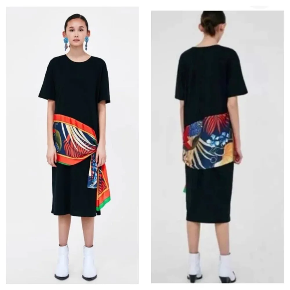 Zara Black T Shirt Waist Scarf Midi Dress Size Medium Contrasting Detail - Image 15