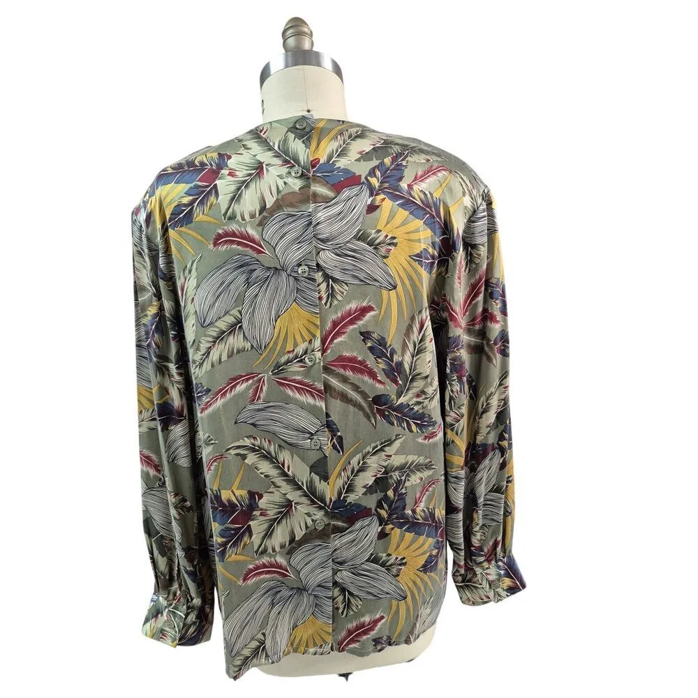 DONCASTER Silks 100% Silk Blouse w/ Detachable scarf Tropical Green Print Sz 16 - Image 4