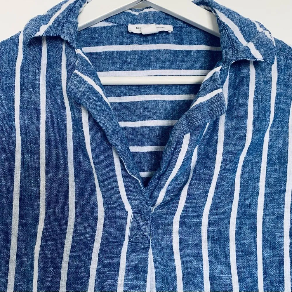 Anthropologie Beach Lunch Lounge Linen/Cotton Blend Blue & White Striped Blouse - Image 2