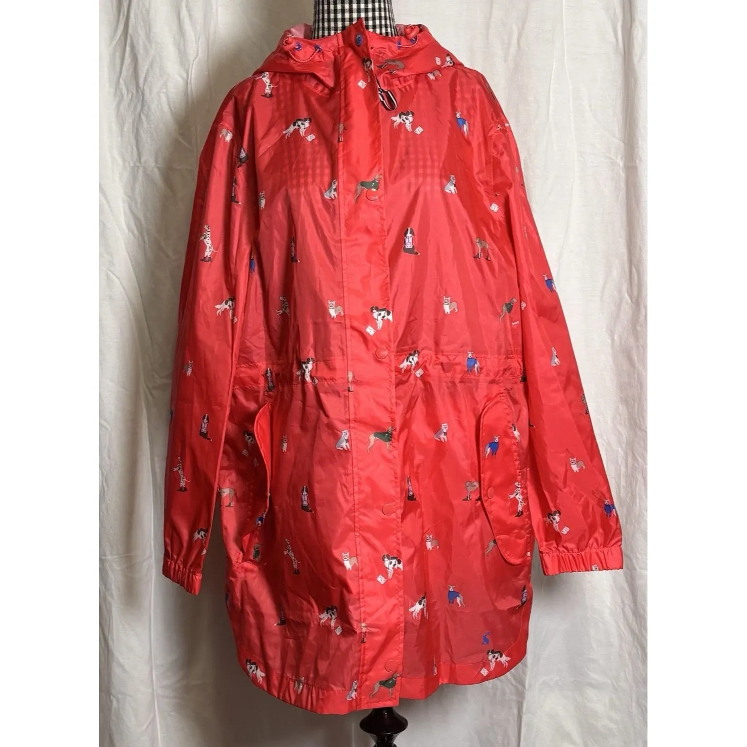 Joules Right as Rain Dog Print Rain Jacket Womens Size 12 Red Hooded NEW! - Image 2