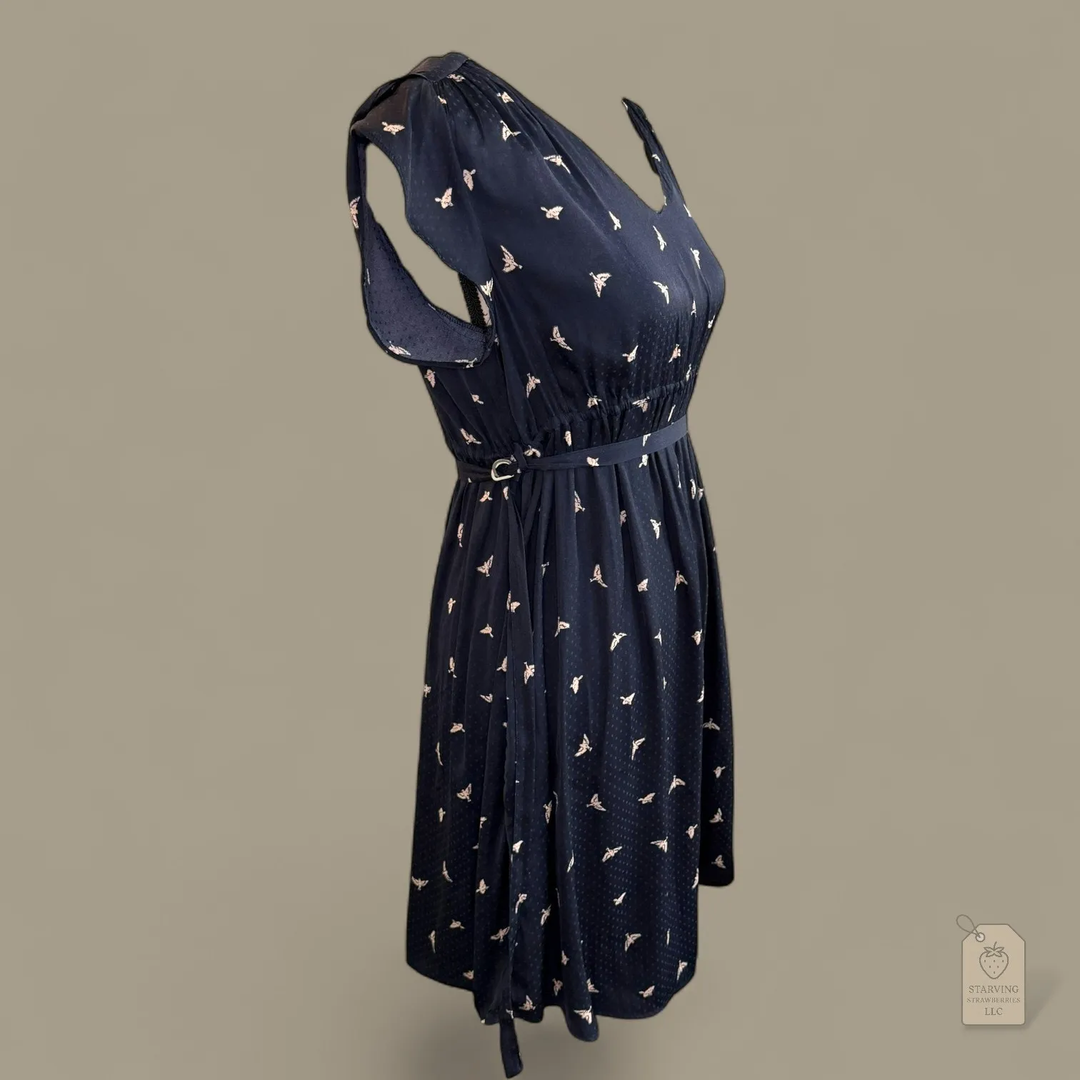 H&M Mama Navy Bird Print Dress | Flutter Sleeve Belted V-Neck | Maternity Small - Image 3