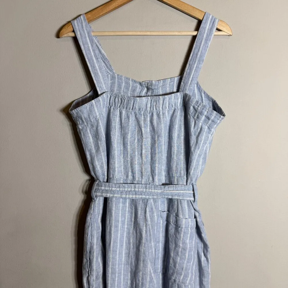 Everlane Linen Striped Button Up Jumpsuit Women's 4 Blue Tie Waist Boho Coastal - Image 12