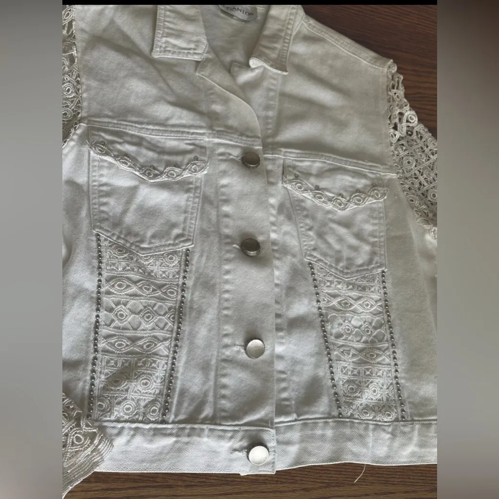 Vintage 90s Gantos White Embellished Lace Sleeve Jacket Crystal Details Size S - Image 6