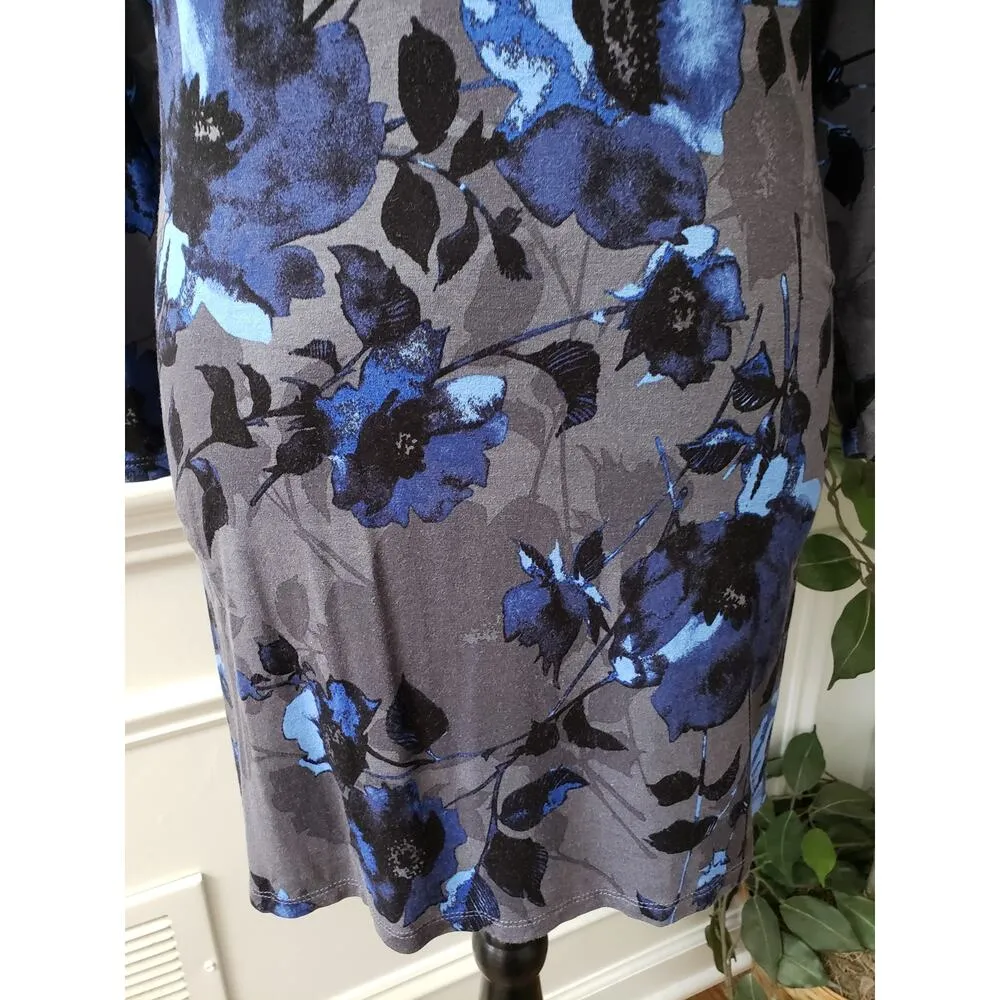 Cynthia Rowley Top Blouse Women 2X Gray Blue Floral Rayon Long Sleeve Round Neck - Image 4
