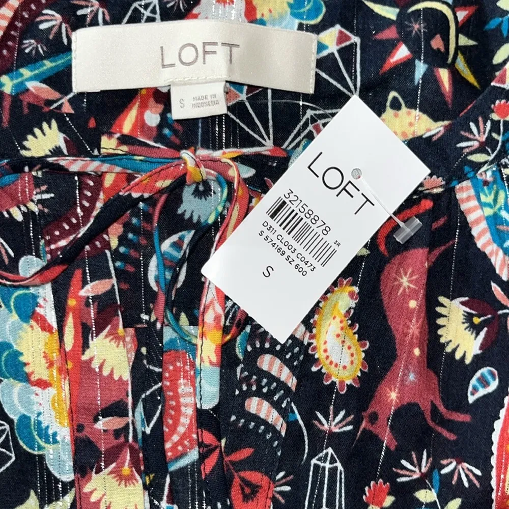 LOFT Ann Taylor NWT S Paisley - Unicorn Novelty Print Puff Peasant Shirt Top - Image 4