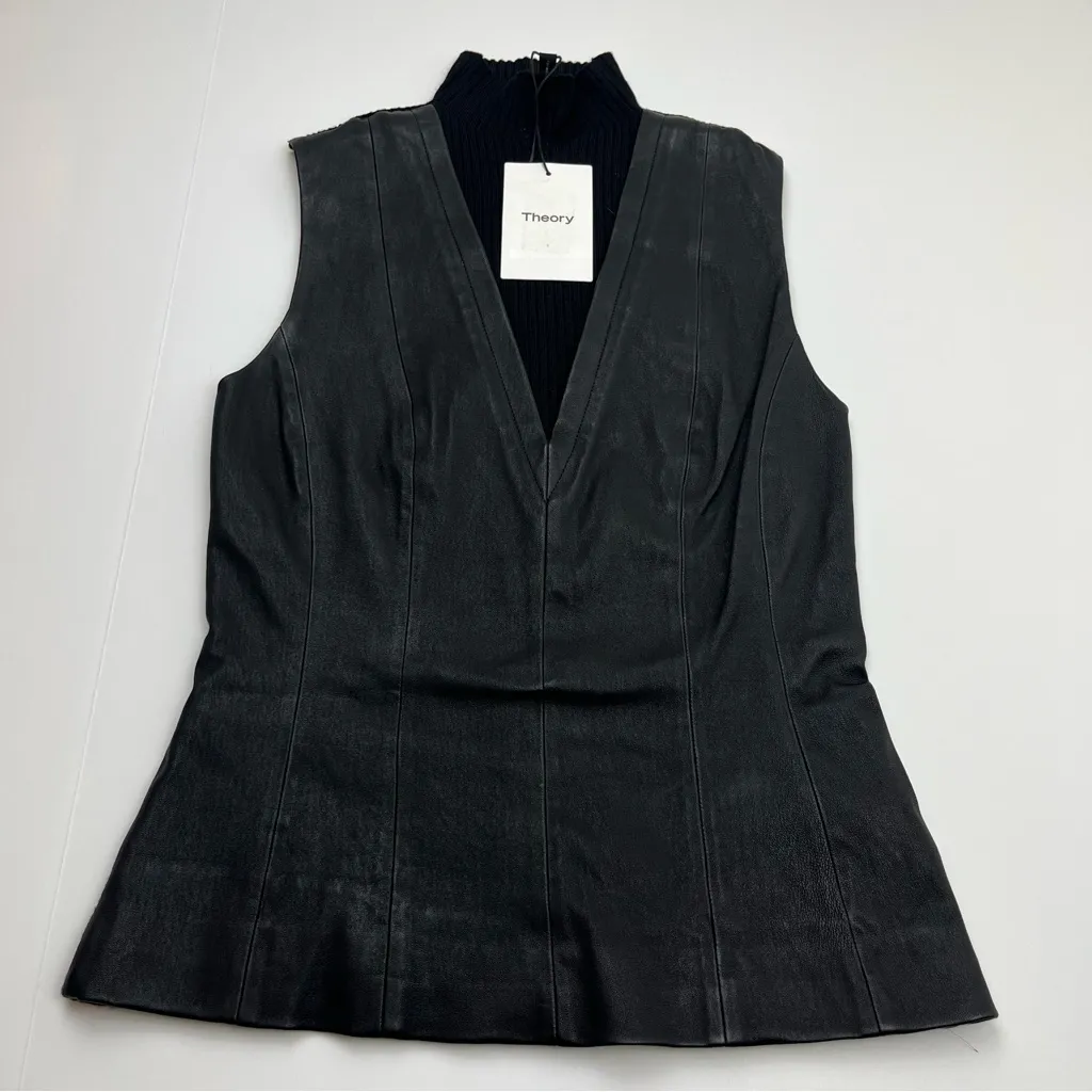Theory Urban ST Lamb Leather Sleeveless Ribbed Top Womens‎ Size Small Black NEW - Image 3