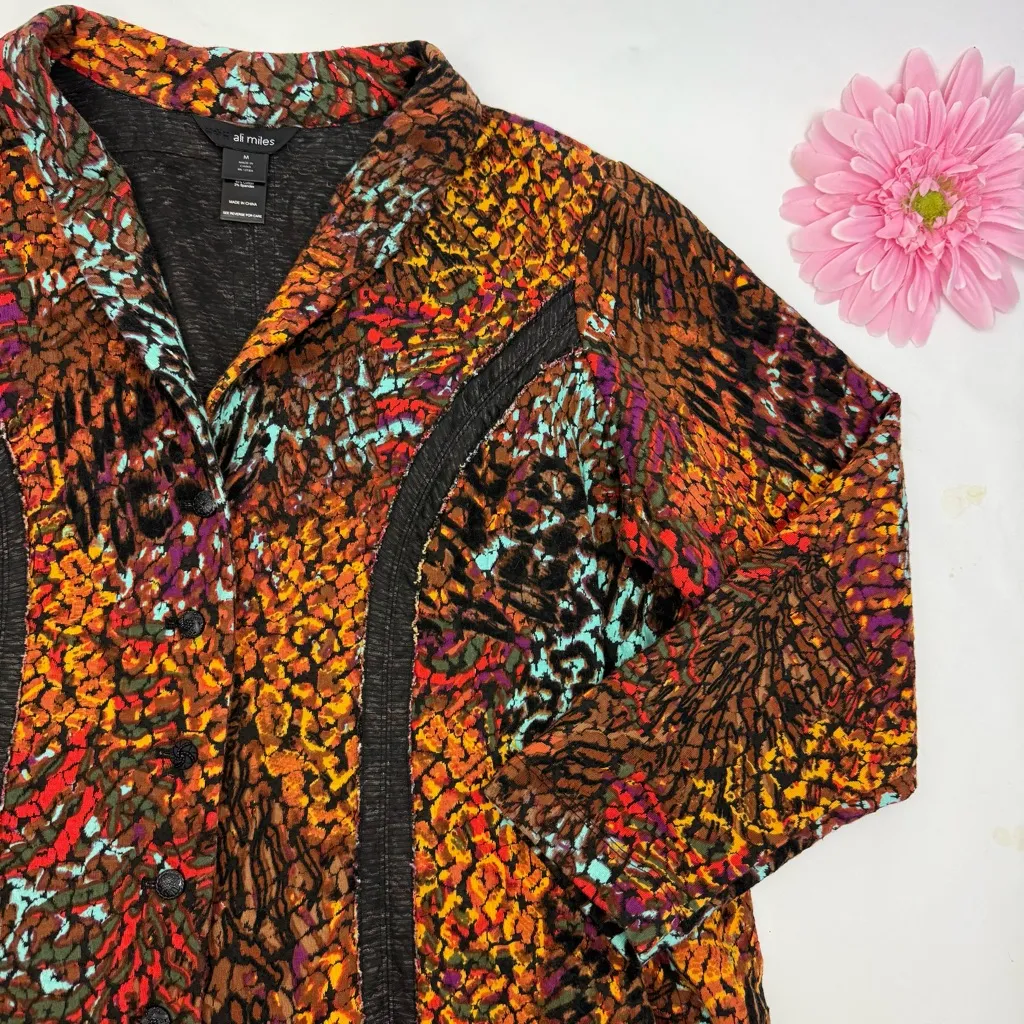 Ali Miles Bohemian Lagenlook Mixed Animal Floral Print Earth Tone Jacket Blazer Size M - Image 6