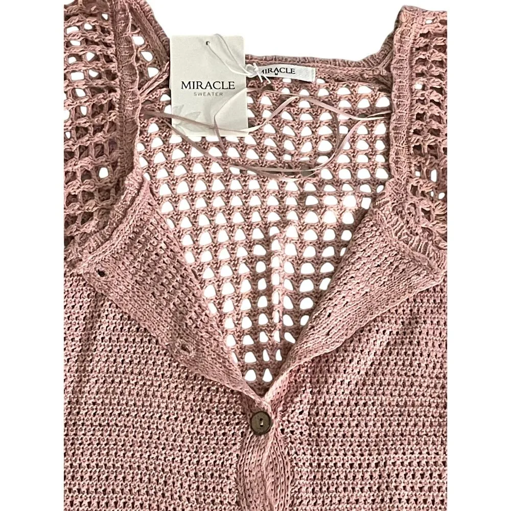 Bohemian Rose Pink Crochet Frill Cardigan Sweater Medium NEW - Image 2