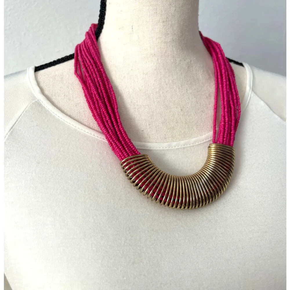 Charming Charlie Hot Pink Necklace Bead Princess Womens Gold Layered Jewelry - Image 2