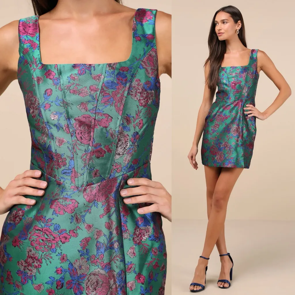 Lulus Compelling Drama Green Floral Jacquard Lurex Bustier Mini Dress - Image 4