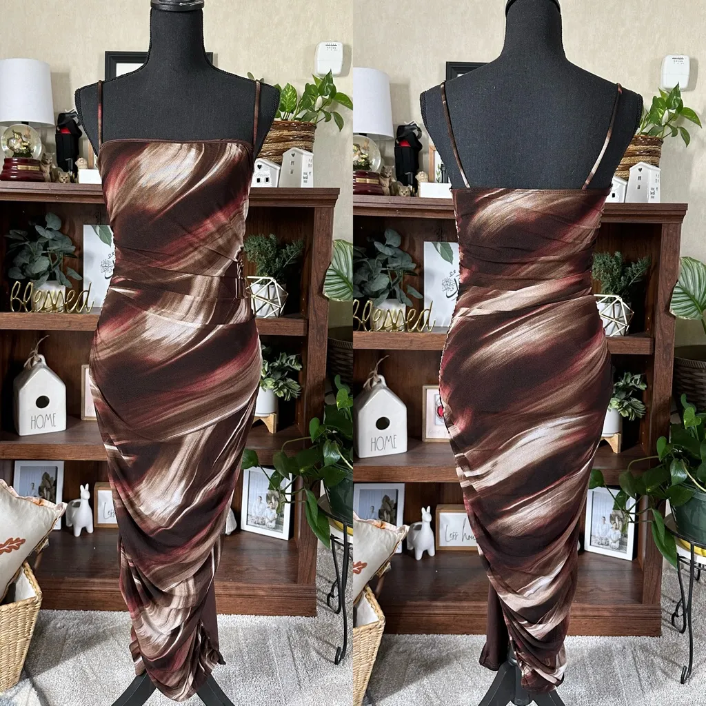 Lovely Day Women’s Ruched Mesh Sleeveless Midi Slit Dress in Brown Tie Dye M - Image 2