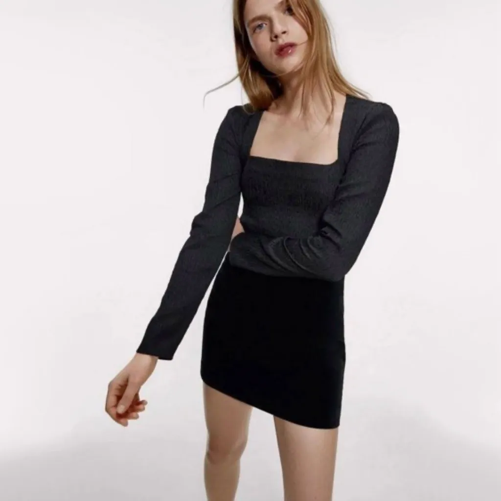 ZARA Textured Square Neck Long Sleeve Black‎ Bodysuit Top Size Small - Image 4