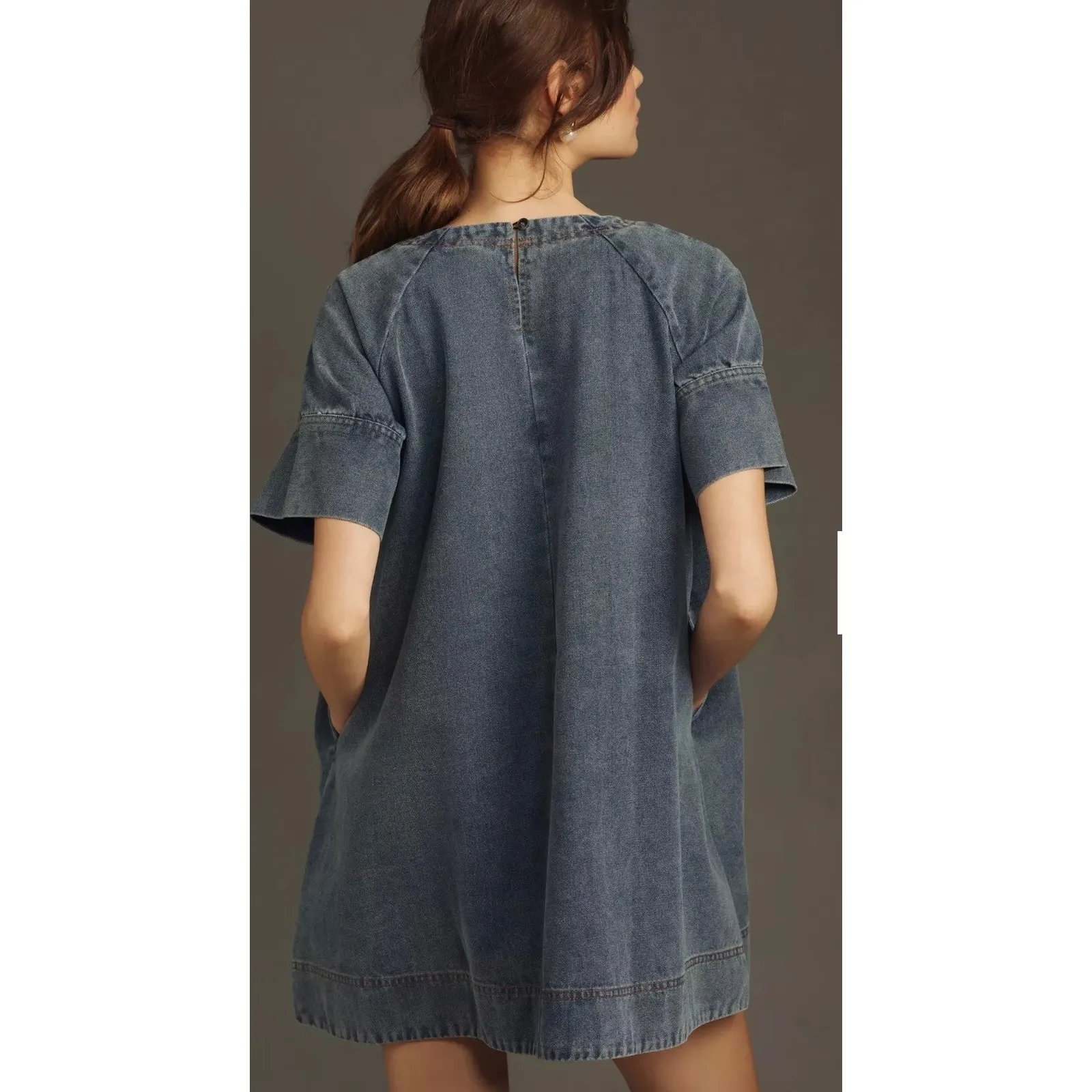 Anthropologie Porridge Women's Short Sleeve Denim Mini Swing‎ Dress Blue Sz S - Image 2