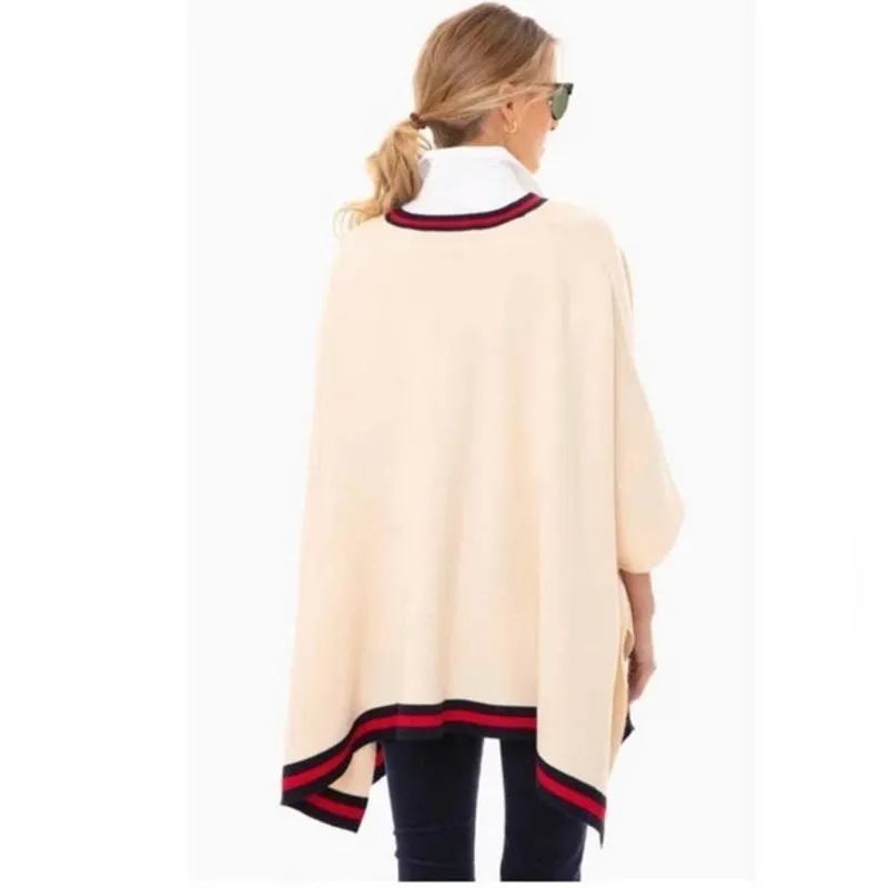 Tuckernuck Camden Ivory Striped V-Neck Soft Knit Poncho Cape Sweater One Size - Image 2