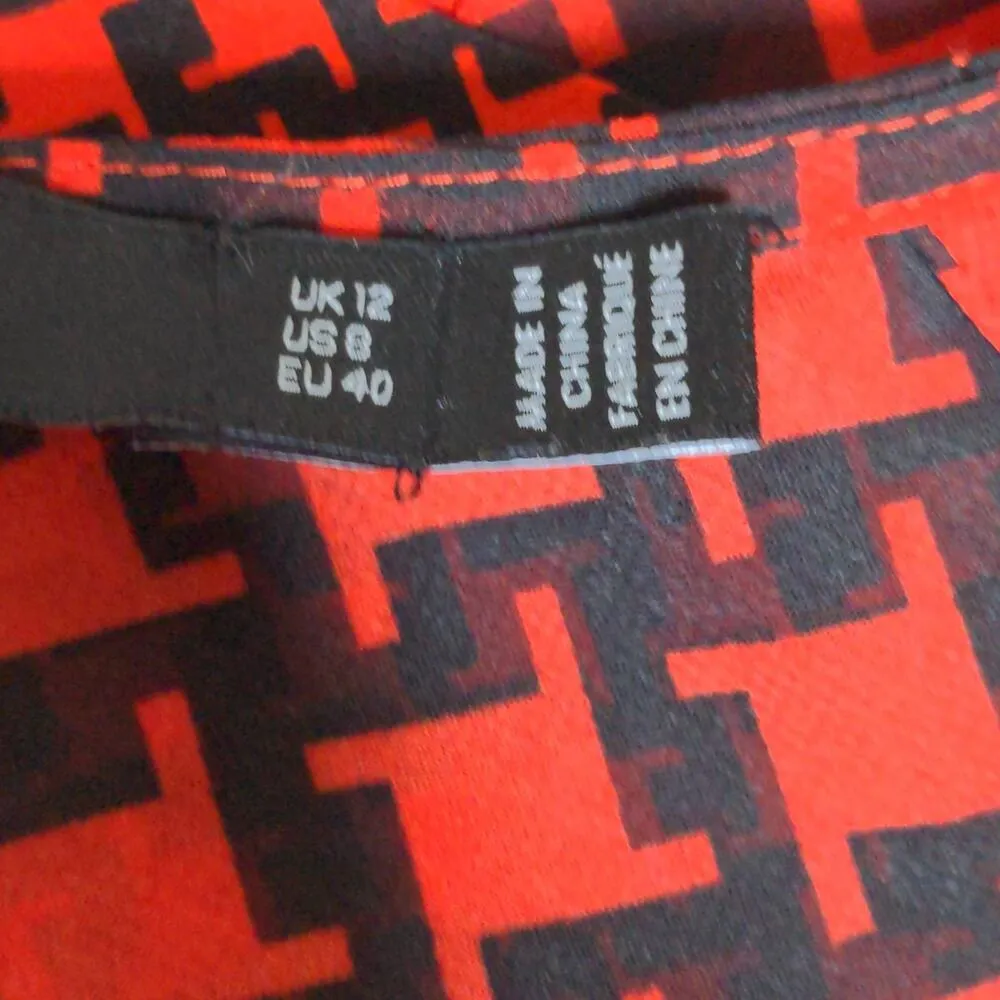 Karen Millen Womens A Line Dress Red Black Houndstooth Crew Neck Cap Sleeve 8 - Image 7