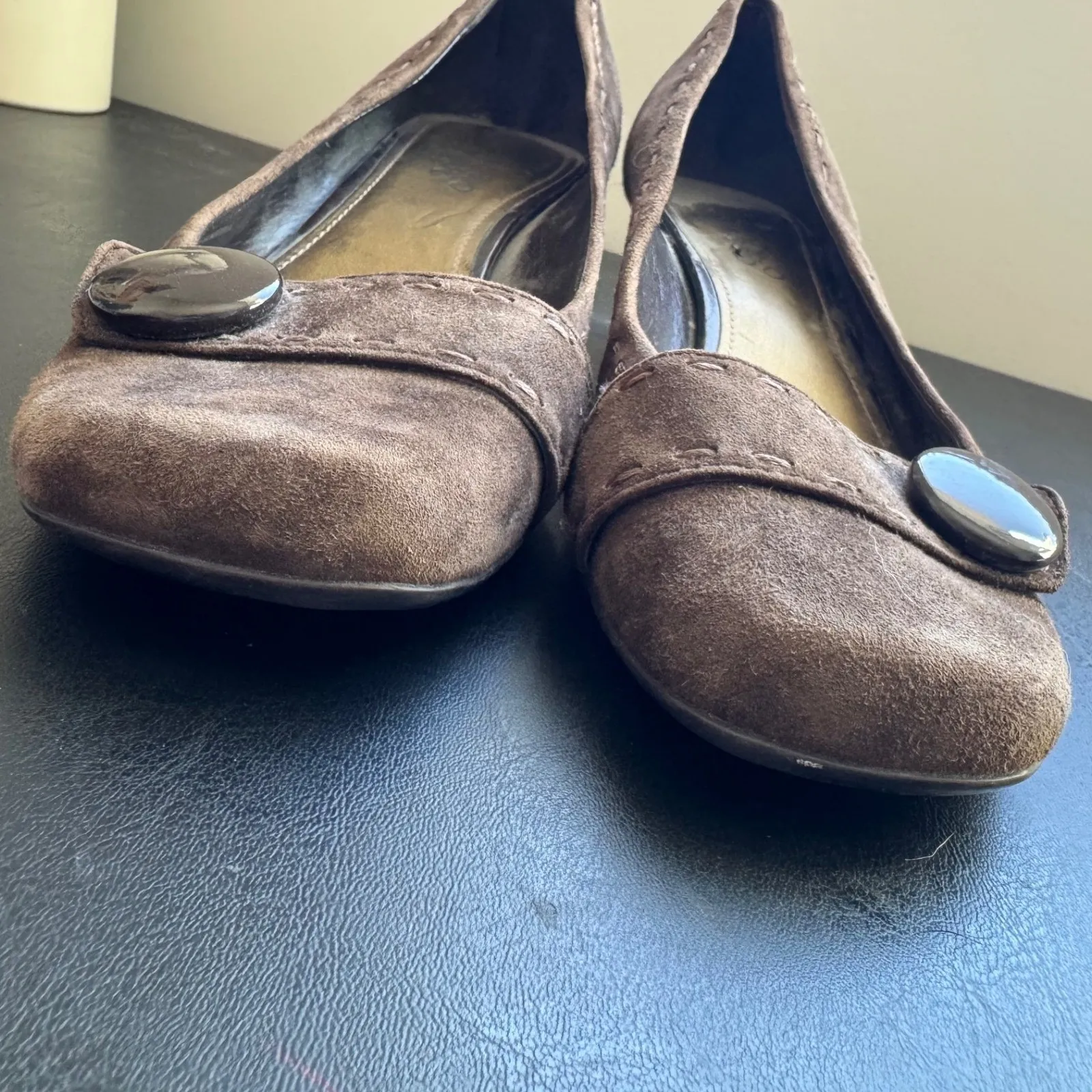 90s Vintage Franco Sarto Womens Suede Leather Slip on Button Mary Janes sz 9 Y2K Brown - Image 7