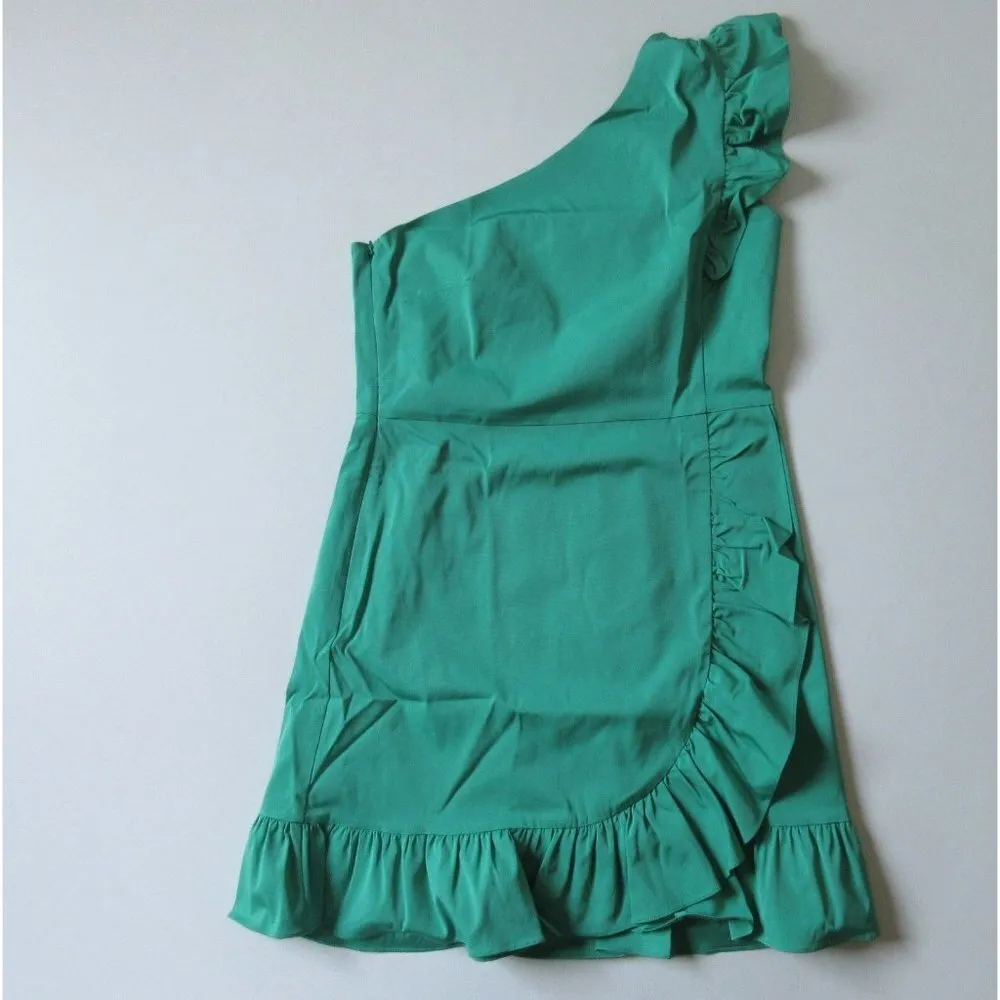NWT J.Crew One Shoulder in Bright Kelly Green Stretch Twill Ruffle Dress 20 $168 - Image 3
