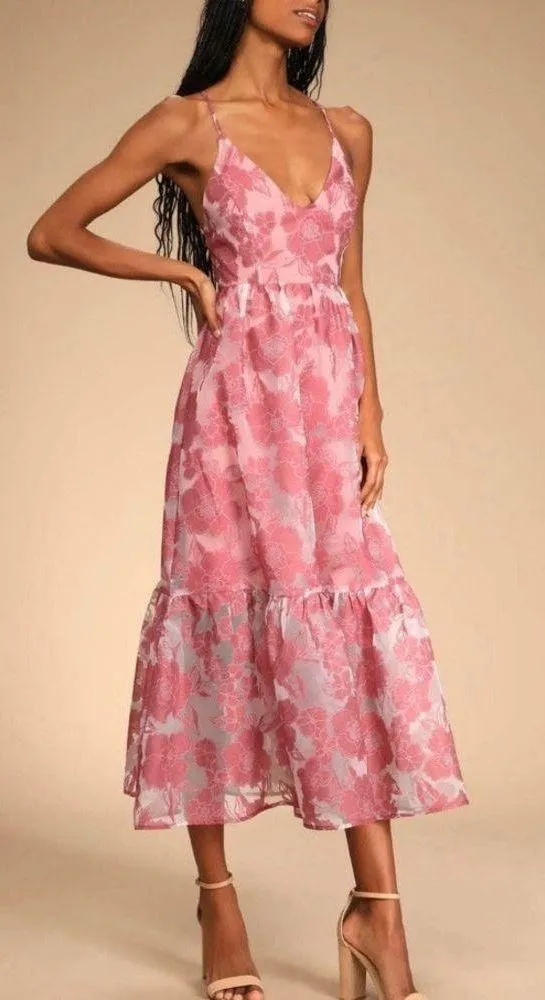 NWT Lulus Pink Feeling Like Forever Floral Organza Lace Up Midi Dress MEDIUM - Image 2