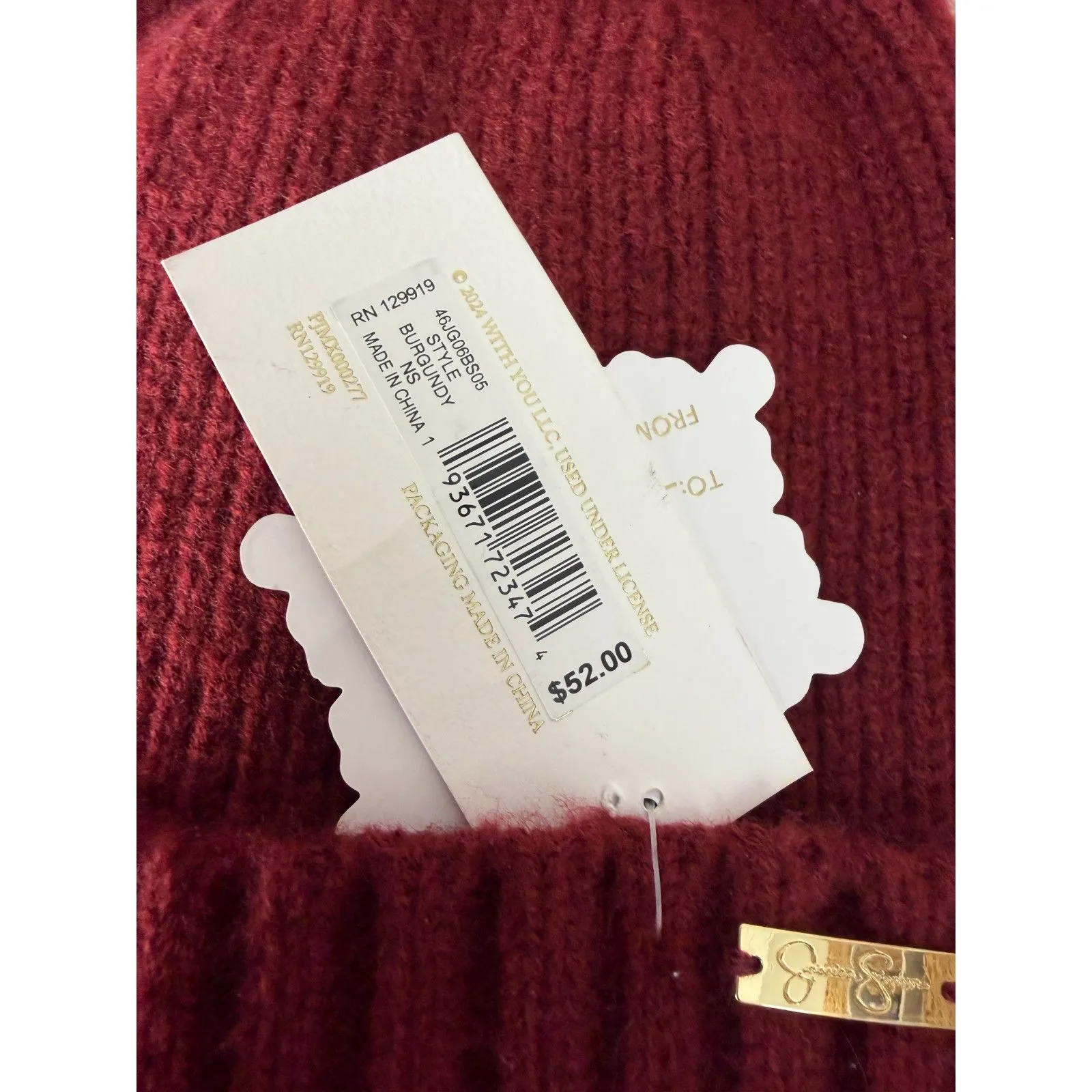 Jessica Simpson Burgundy Maroon Puff Beanie Plaid Scarf NEW with Tags - Image 2