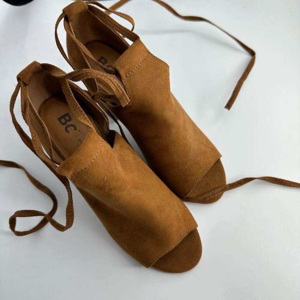 NEW BC Faux Suede Open Toe Brown Strappy Lace Up Bootie Size 6 Every Day Comfort Tan - Image 4