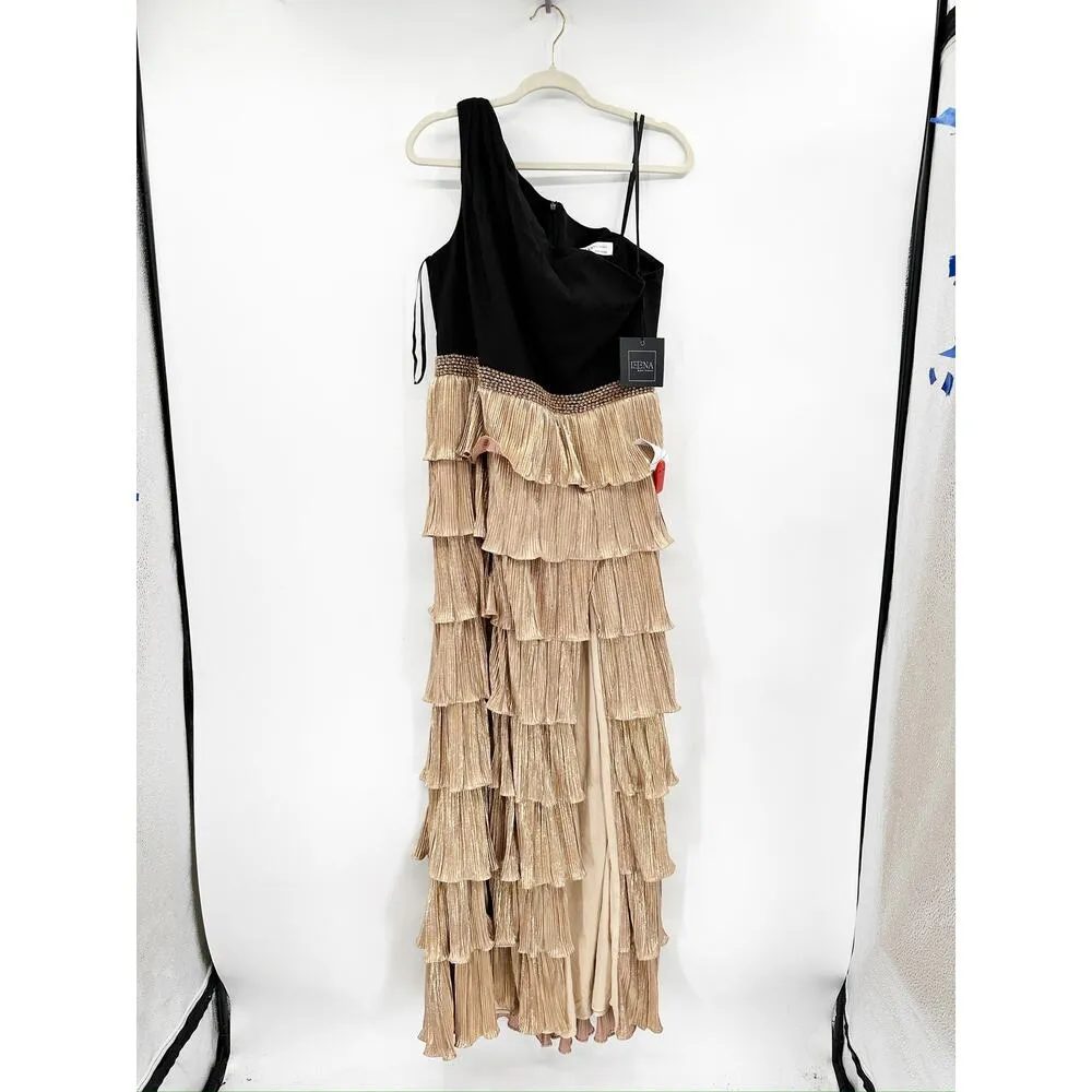 Mac Duggal 26541 One Shoulder Black Gold Layered Ruffle Metallic Gown Dress 12 - Image 2